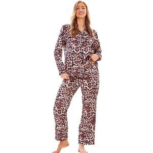 Keanu Womens/Ladies Leopard Print Satin Long Pyjama Set / Brown/Black